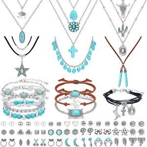 👑Women Classic Comfortable to Wear Fashion Costume 69 Pcs Turquoise Jewelry Set
